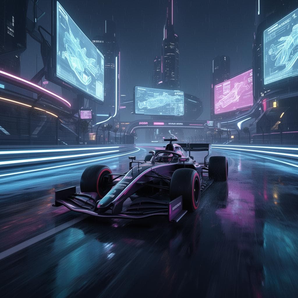 SkyMirage Studio concept artwork: a race car in a neon city at night